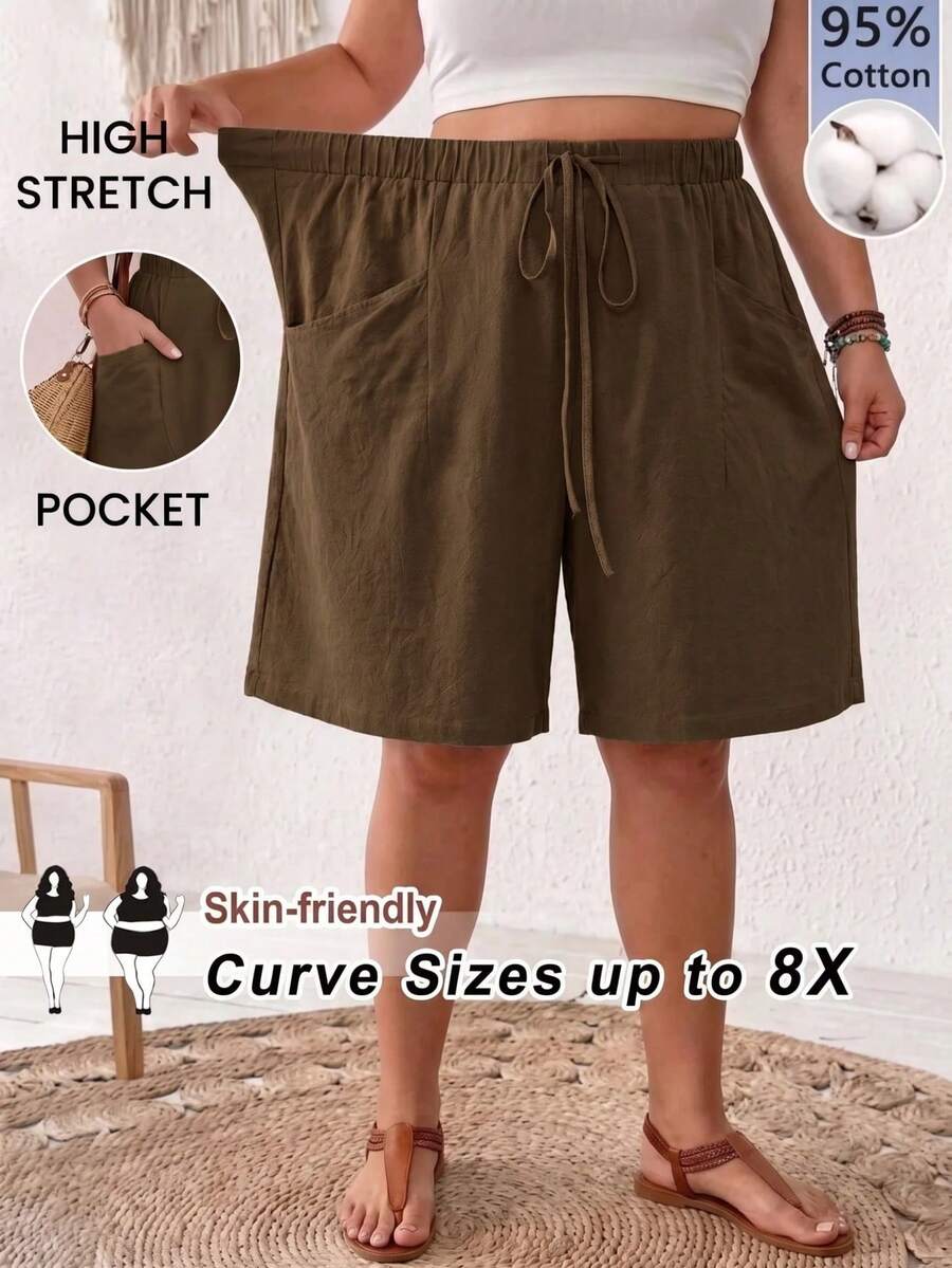 SHEIN CURVE+ 大尺碼女款純色腰綁帶口袋寬鬆短褲 正式辦公橄欖綠夏季休閒軟挺版型 - 軍綠色 - 查看 1