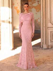 Aureia Elegante vestido de noche formal rosa empolvado con encaje, manga larga, capa asimétrica drapeada, cristales con cuentas, flores 3D, cuello barco, cola de sirena, para banquete y boda - Rosa Pálido - Ver 7