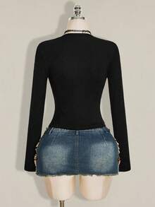 SHEIN ICON Y2k Women's Halloween Black Long Sleeve Draped Lace Patchwork Pleated Fitted Versatile Casual T-Shirt - Black - View 2