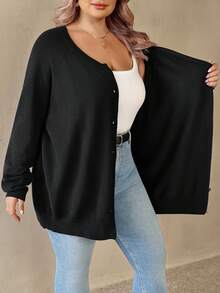 SHEIN CURVE+ Plus Size Women's Solid Color Raglan Sleeve Long Sleeve Casual Loose Knit Cardigan, Autumn/Winter - Black - View 8