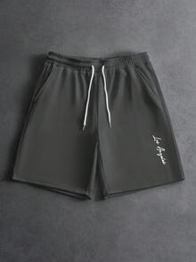 PAVTROS Men's Drawstring Waist Letter Pattern Casual Daily Shorts - Dark Grey - View 4