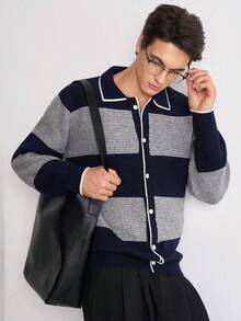 Manfinity Hypemode 男士秋冬休閒拼色拼接開襟羊毛衫 節日度假風 秋冬街頭穿搭 冬季 - 彩色 - 查看 3