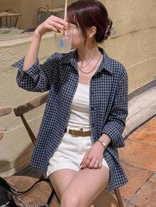 DAZY 女款休閒寬鬆格紋藍色長袖翻領襯衫，秋季 - 藏蓝色 - 查看 4