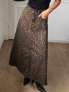 Livesso Rok Denim Panjang Model A-Line Pinggang Tinggi Motif Leopard untuk Wanita, Cocok untuk Musim Gugur/Dingin - Coklat - View 5