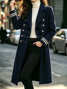 SHEIN Autumn/Winter Thick Navy Blue Wool Pocket Double-Breasted Long Sleeve Loose Casual Navy Style Wool Coat For Office And Outdoor - Navy Blue - View 9