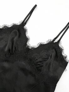 Eryvara Women's Summer Asymmetric Hollow Out Contrast Satin Lace V-Neck Camisole, Suitable For Chic Outfit For A Dinner Vacation, Daily, Home, Date Wear - Black - View 9