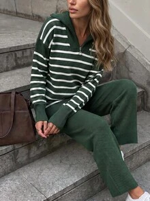 Striped Zipper Pullover Pant Knit Set - Dark Green - View 4