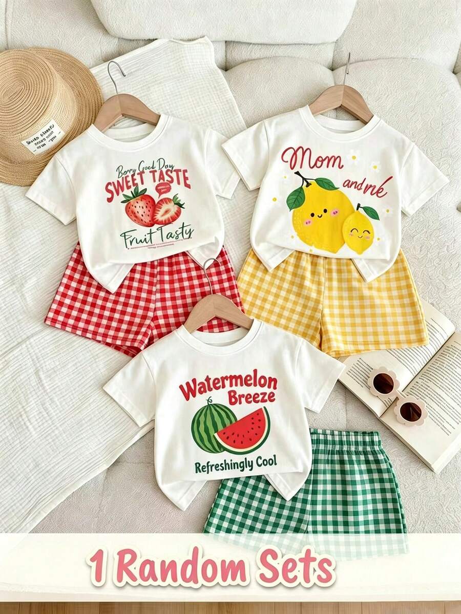 SHEIN 1 Set[Random 3 Sets, Send 1 Set] Young Girl Floral Round Neck Short Sleeve T-Shirt And Shorts Casual Daily Set, Suitable For Summer Fruit Print Theme Girls Plaid Set - Multicolor - View 1