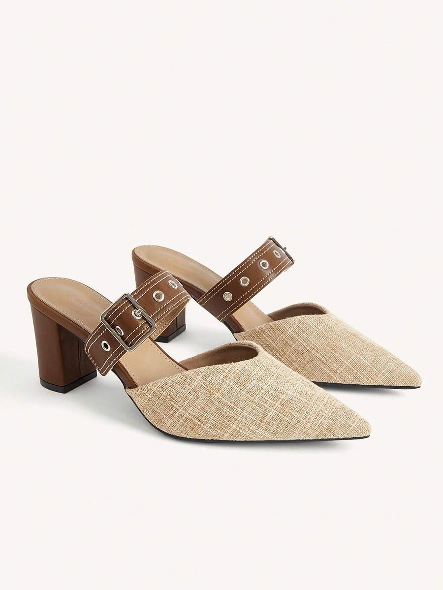 CUCCOO CHICEST Spring And Summer New Linen Pointed Toe Women's High Heels Shoes Mule Shoes Leather Buckle Thick Heel Slouchy Shoes Retro Casual Dating Party Fall Shoes - Brown - View 1