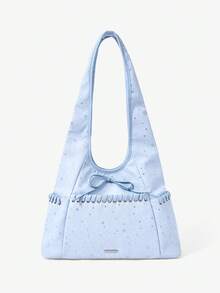 Viva Strut Ladies Bag, Fashionable Canvas HOBO Bag, Rope Decoration, Star Printed Stray Bag With Front Bow Design, Avant-Garde Retro Style Is Suitable For Street - Light blue - View 2