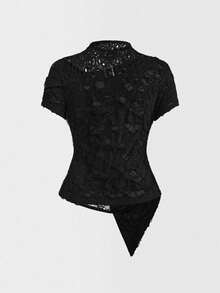 ROMWE Atasan Crop Top Robek Bergaya Gothic Punk Asimetris Motif Bunga Jala Patchwork untuk Wanita Ukuran Plus - Hitam - View 5