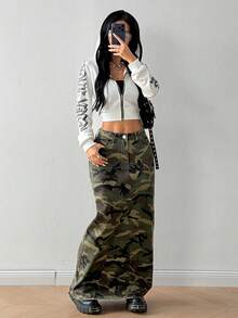 SHEIN HypeZone 女款迷彩休閒日常牛仔裙，附口袋與鈕扣設計 - 軍綠色 - 查看 4