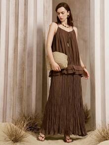 Arave Women's Solid Color Ruffle Hem Camisole And Skirt 2 Pieces Set Vacation Dark Brown Summer Minimalist Earthy - Brown - View 5