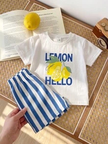 SHEIN Playful Pals 2件組男嬰夏季度假檸檬印花圓領T恤與彈性腰藍白條紋短褲可愛嬰幼兒服飾度假裝 - 彩色 - 查看 7