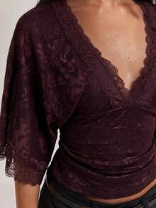 SHEIN BAE Elegantes, sexy Damen-Top mit tiefem V-Ausschnitt, Spitzen-Patchwork und floralem transparentem Design, geeignet für Lässig, Ausgehen, Boho-Stil, Spitzen-Top, beiges Top, Sommer-Top - Kastanienbraun - Übersicht 8