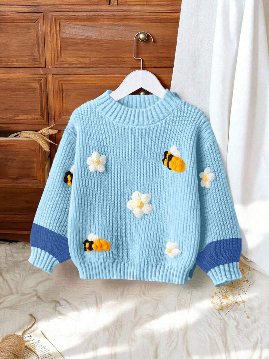 SHEIN Vintaside Kids 1件柔軟親膚耐穿防起球可愛3D蜜蜂與花朵裝飾鮮豔可愛黃色圓領套頭毛衣,配黃色拼接袖設計,輕量秋冬幼童女童毛衣,適合日常穿著、外出、休閒、上學、購物等多用途 - 淺藍色 - 查看 1