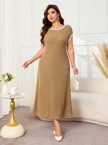 Lacomfia Plus Size Women's Colorblock Round Neck Short Sleeve Faux Cashmere Knit Dress - Camel - View 4