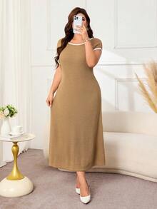 Lacomfia Plus Size Women's Colorblock Round Neck Short Sleeve Faux Cashmere Knit Dress - Camel - View 5