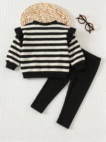 Cozy Pixies Baby Girl Toddler Girl Cartoon Animal Embroidered Patch Pattern Knitted Soft Striped Round Neck Long Sleeve Ruffle Sleeve Pullover Sweatshirt Elastic Waist Slim Fit Long Pants 2-Piece Set Cute Outfit - Black and White - View 2