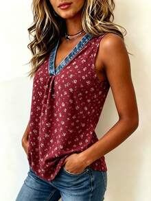 EMERY ROSE Denim Effect Ditsy Floral Contrast Color Regular Blouse For Women - Red - View 3