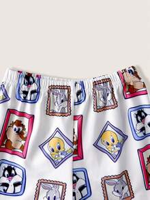 LOONEY TUNES X SHEIN 男嬰圓領字母卡通印花短袖上衣與短褲休閒日常居家睡衣套裝 - 彩色 - 查看 6