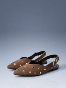 CUCCOO GRLICON Vintage Khaki Suede Pointed Flat Shoes Women's Rivets, Gas Eye Decoration, Rear Strap, Low Vamp Mary Jane Shoes - Khaki - View 3