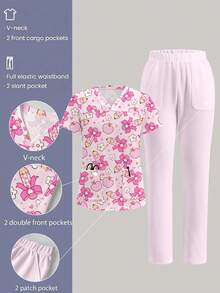 TaskEZ Scrub Set Short Sleeve Top And Long Pants With Pencil And Apple Print Pattern, Suitable For Work Commute And Pet Hospital, Back To School Season - Multicolor - View 1
