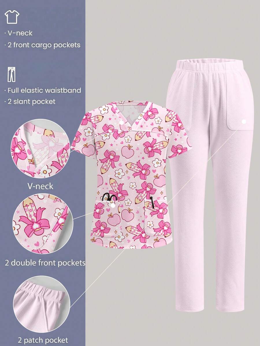 TaskEZ Scrub Set Short Sleeve Top And Long Pants With Pencil And Apple Print Pattern, Suitable For Work Commute And Pet Hospital, Back To School Season - Multicolor - View 1