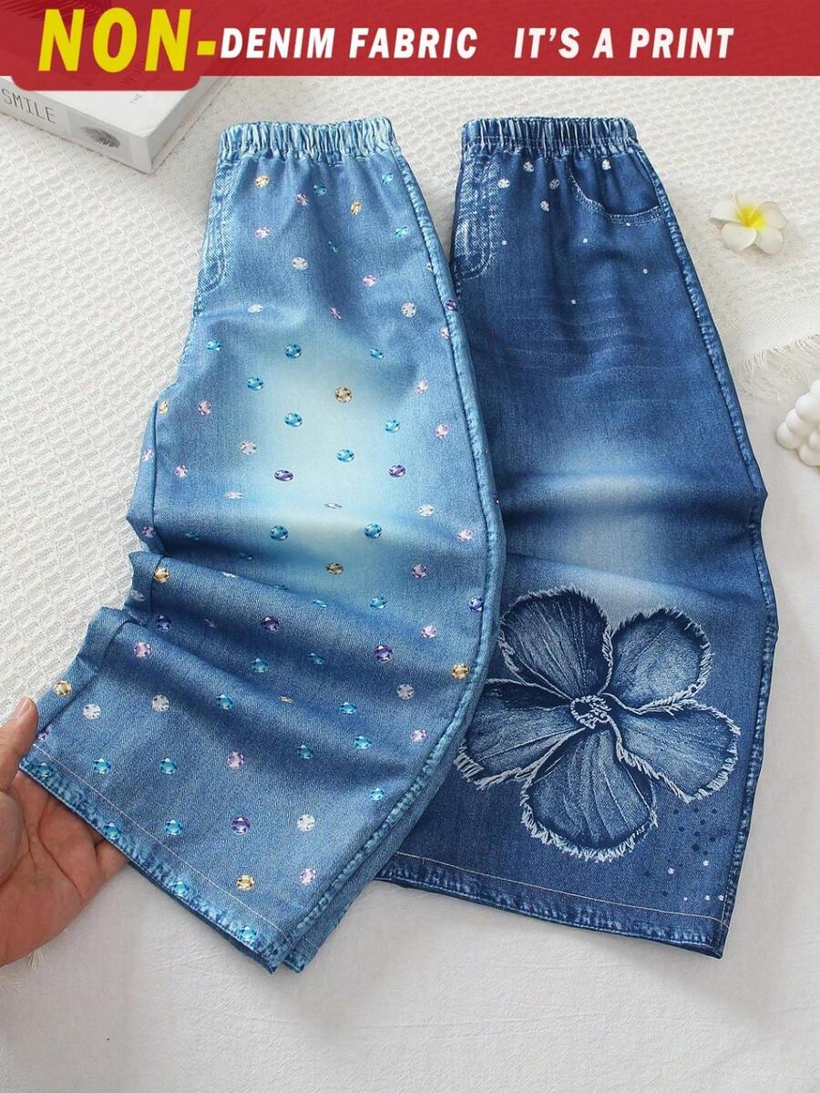 SHEIN 女童清新甜美風彈性腰漸層天絲牛仔印花寬腿褲,2款可選:3D磨邊大花牛仔印花與漸層彩色水鑽牛仔印花,鬆直筒長褲,柔軟輕盈,適合日常上學、戶外玩耍、短途旅行、購物、居家與休閒穿著的多功能兒童休閒褲 - 藍色 - 查看 1