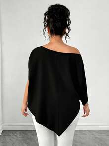 Elenzga Plus Size Solid Color Asymmetric Hem Loose Fit Blouse - Black - View 2
