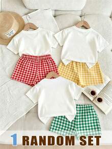 (1 RANDOM SET) Baby GirlMinimalist Cherry Banana Little Sun Pattern Basic Short T-Shirt And Plaid Shorts Set, Summer Daily Comfortable Outfit - Multicolor - View 2