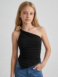 SHEIN 青少年女孩休閒經典黑色扭轉單肩玫瑰鈕扣裝飾優雅修身上衣T恤，適合日常穿著與優雅婚禮 - 黑色 - 查看 9