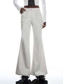 LYSMO Women's Casual Versatile Daily Wear Flare Leg Pants With Pockets And Buttons - Beige - View 4