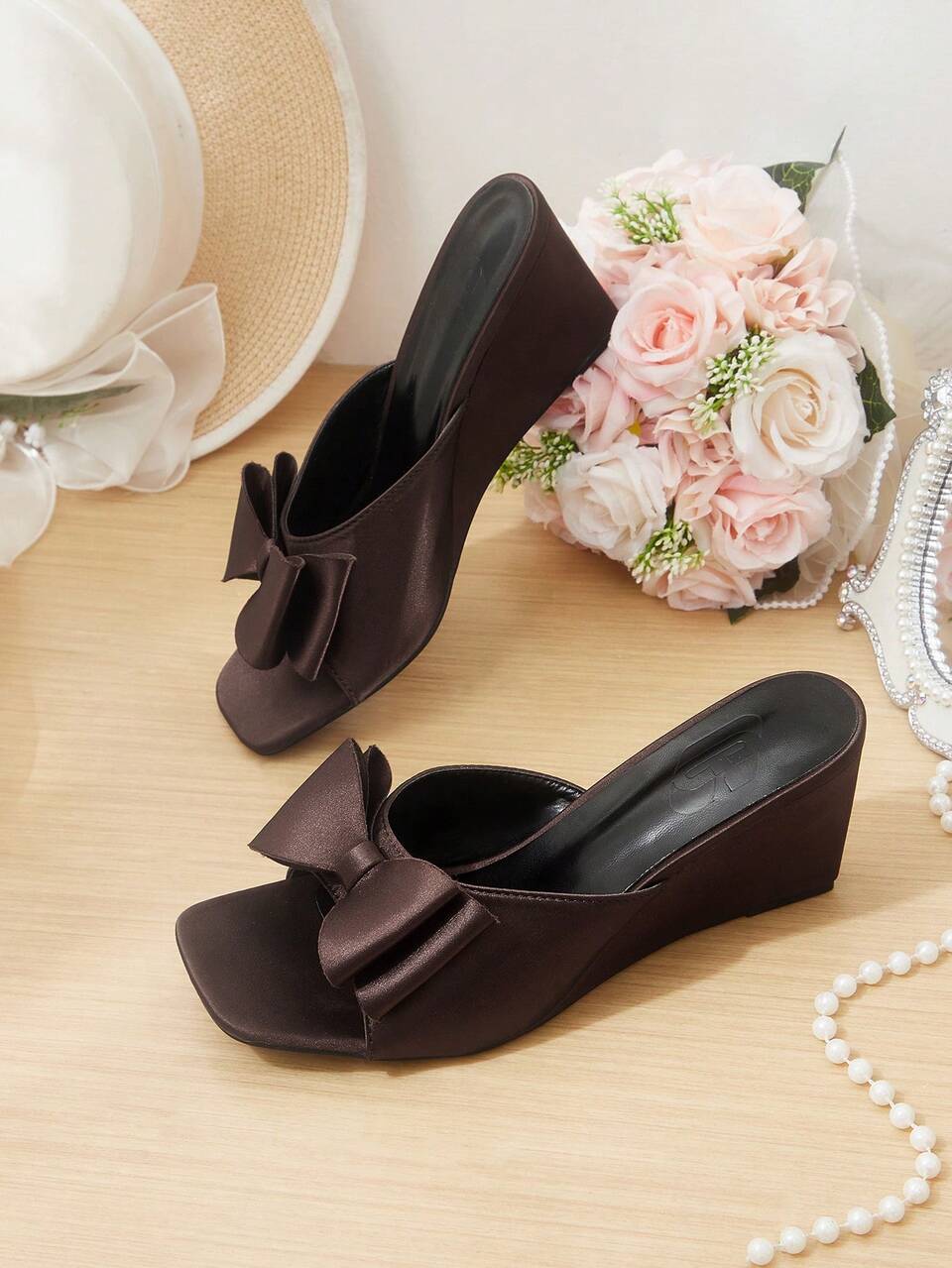 CUCCOO HITCHD Women's Shoes Three-Dimensional Bow Square Toe Slope Heel Commuter Versatile Brown Sardines Women's Slope Heel Platform Sandals Dating Outdoor Vacation