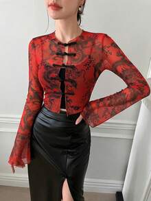 EastFlair Plus Size Women's Fashion Sexy Dragon Pattern Mesh Frog Button Top Autumn Date Night Brunch Cocktail Red - Red - View 6