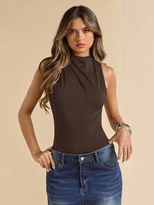 SHEIN BAE Black Backless Asymmetric Cutout Draped Sleeveless Elegant Bodysuit For Women, Summer - Coffee Brown - View 5