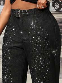 Slaydiva Celana Jeans Hitam Non-Stretch Berhiaskan Rhinestone untuk Wanita Ukuran Plus (Model Cowgirl) - Hitam - View 9