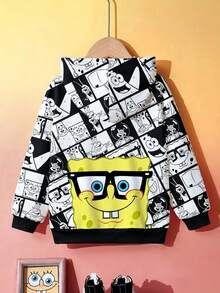 SpongeBob SquarePants | SHEIN 春秋冬季男童黑白卡通印花連帽長袖運動衫 - 黑色 - 查看 2