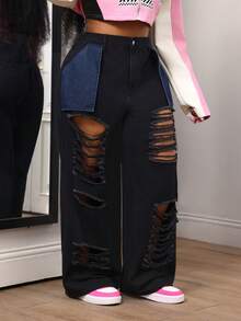 Slaydiva Celana Jeans Denim Kasual untuk Wanita Ukuran Besar dengan Desain Kancing Bertekstur untuk Pemakaian Sehari-hari - Hitam - View 4