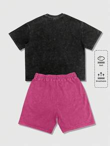 ROMWE MEN Essentials Men's Solid Color Round Neck Short Sleeve T-Shirt And Drawstring Waist Shorts Casual Set - Multicolor - View 2