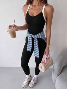 Dewbera Dewbera Women's Seamless Criss-Cross Contrast Color Running Sports Jumpsuit - Black - View 2