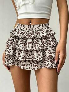 Rina Fox Leopard Print Fluffy Ruffle Hem Cake Skirt, Spring/Summer Style - Apricot - View 1