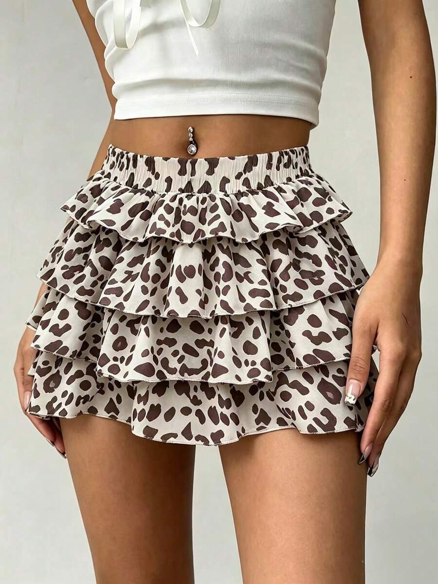 Rina Fox Leopard Print Fluffy Ruffle Hem Cake Skirt, Spring/Summer Style - Apricot - View 1