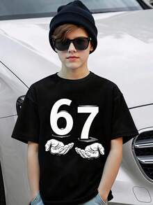 Coolqubz Boys' Casual Refreshing Minimalist Funny Numeric 67 Creative Print Basic Short Sleeve T-Shirt - Black - View 1