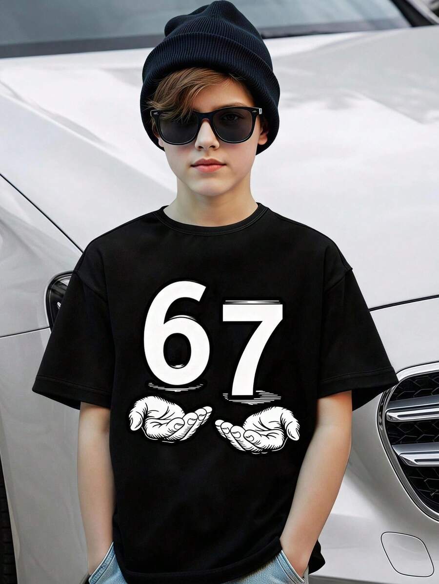 Coolqubz Boys' Casual Refreshing Minimalist Funny Numeric 67 Creative Print Basic Short Sleeve T-Shirt - Black - View 1