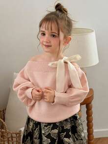 Dazy Kids Young Girl Autumn/Winter Elegant Asymmetrical Collar Tie Sweater - Pink - View 6