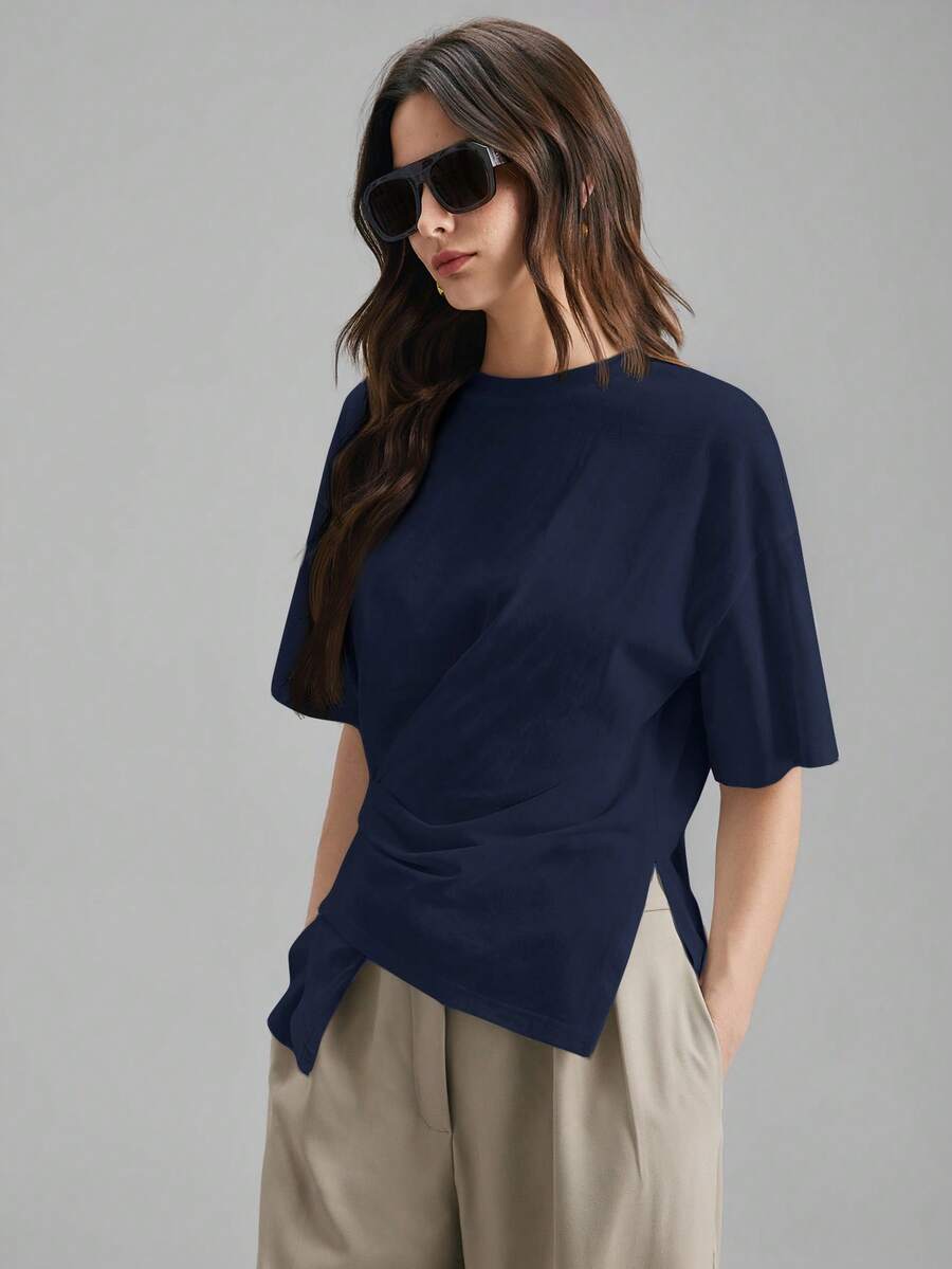 Ontre Women's Solid Color Casual Versatile Short Sleeve T-Shirt For Daily Wear - Navy Blue - View 1