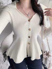 FRIFUL Women's Solid Color Casual French Elegant Versatile Daily Brunch Cardigan Cream White Autumn Brunch - Apricot - View 5