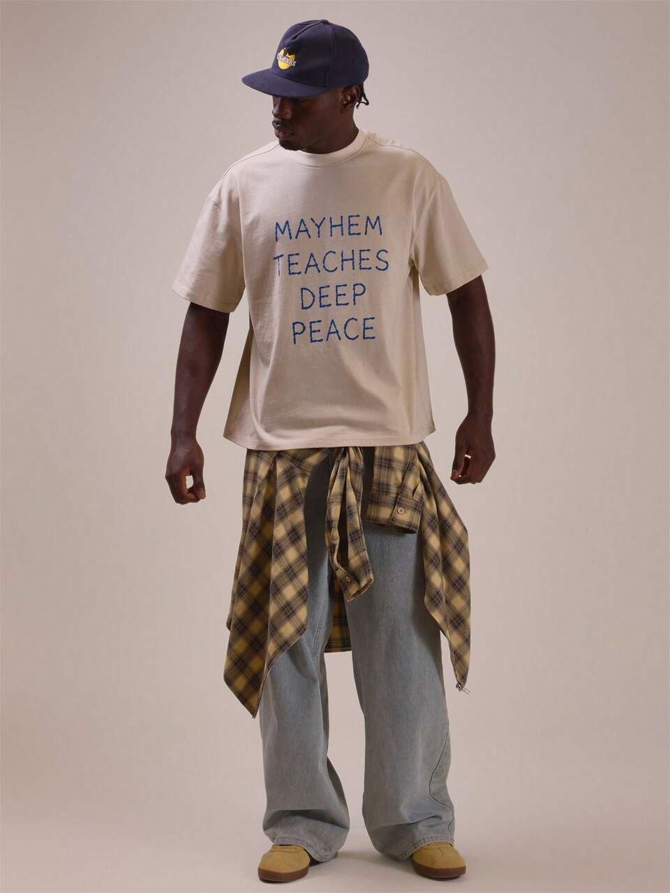 Plain Base White Tshirt "Mayhem Teaches Deep Peace" Front Graphic Short Sleeve Spring Summer Essentials