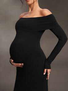 SHEIN Black French Style Cold Shoulder Maternity Long Dress, Slim Fit Elastic Knit Fabric, Exposed Shoulder Long Sleeve Photoshoot Formal Fall Elegant - Black - View 6